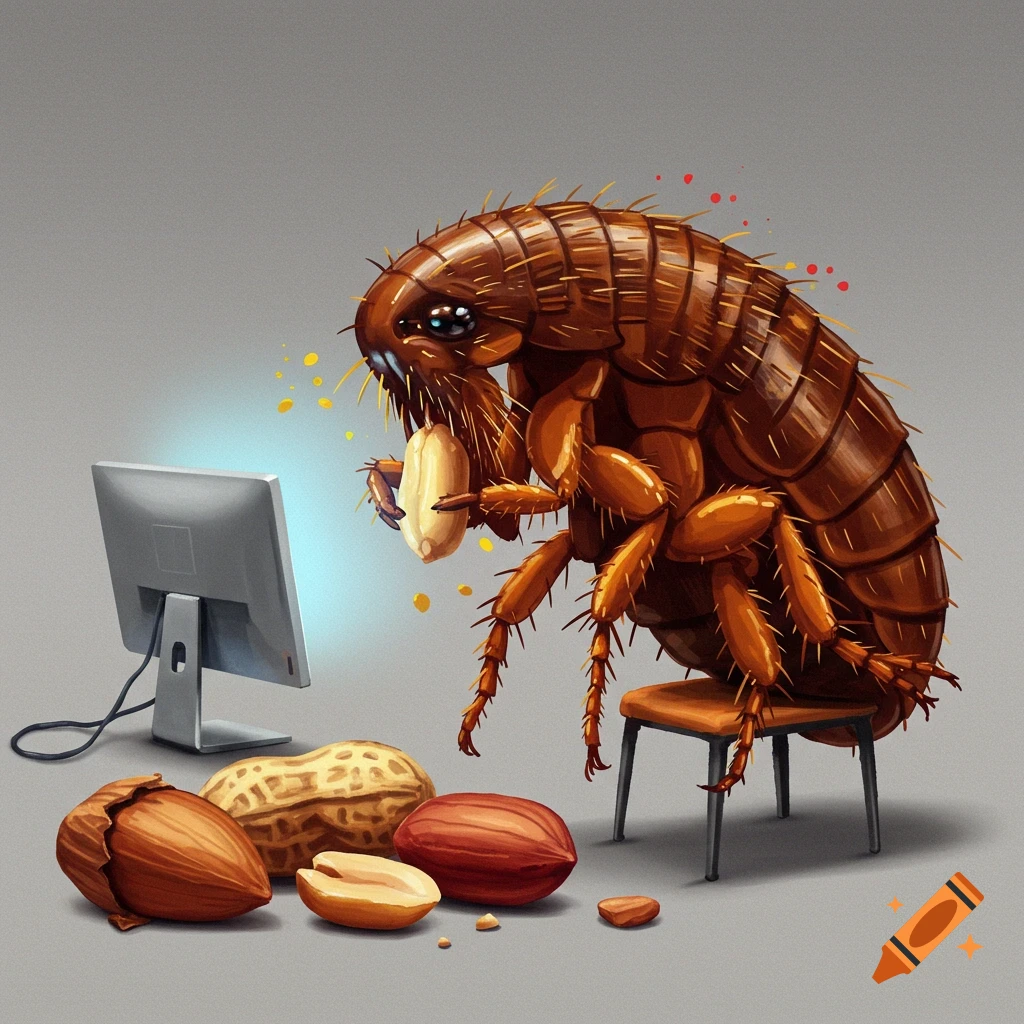 A large flea sitting at a computer eating a peanut, with other nuts on the floor.