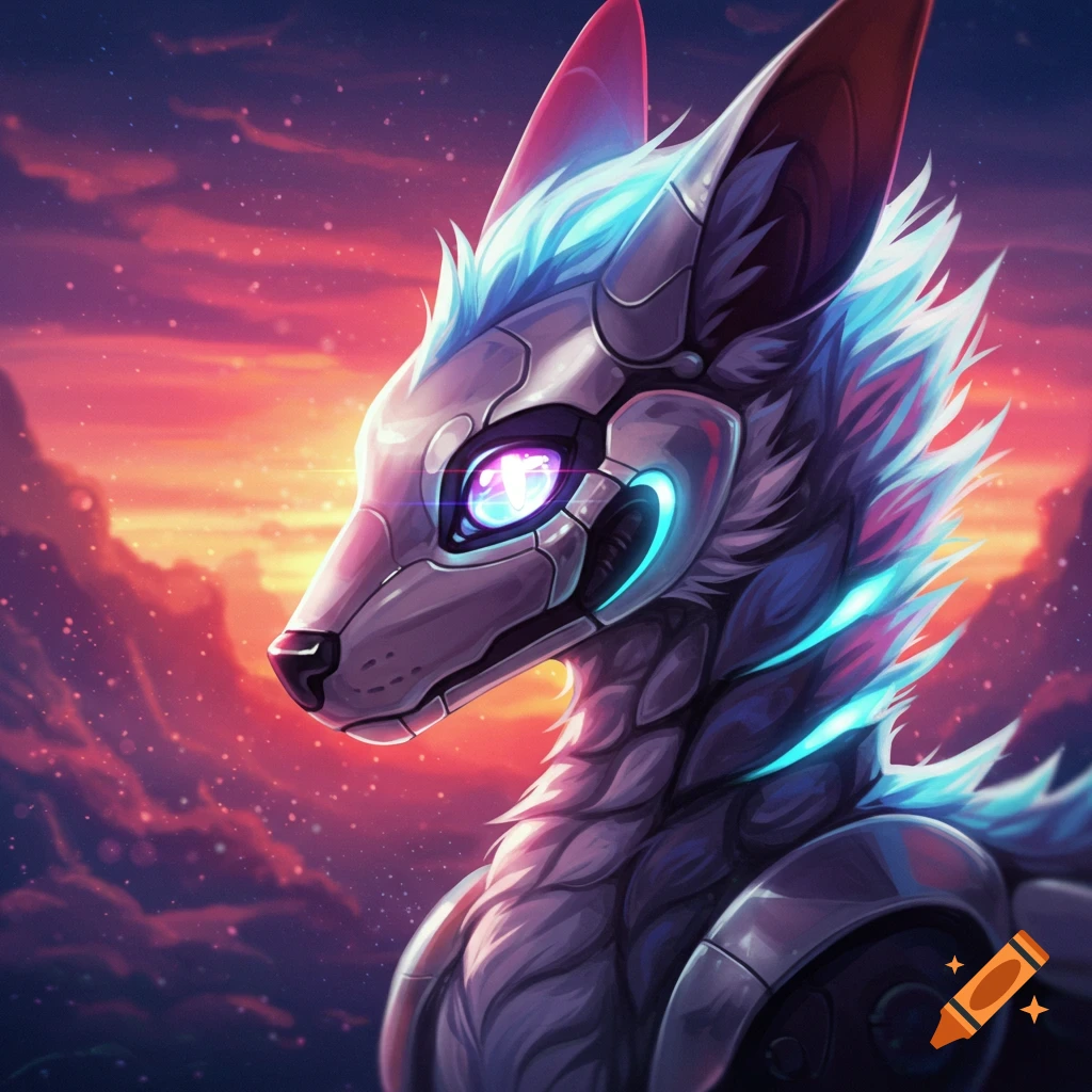 A protogen head is depicted against a twilight sky.