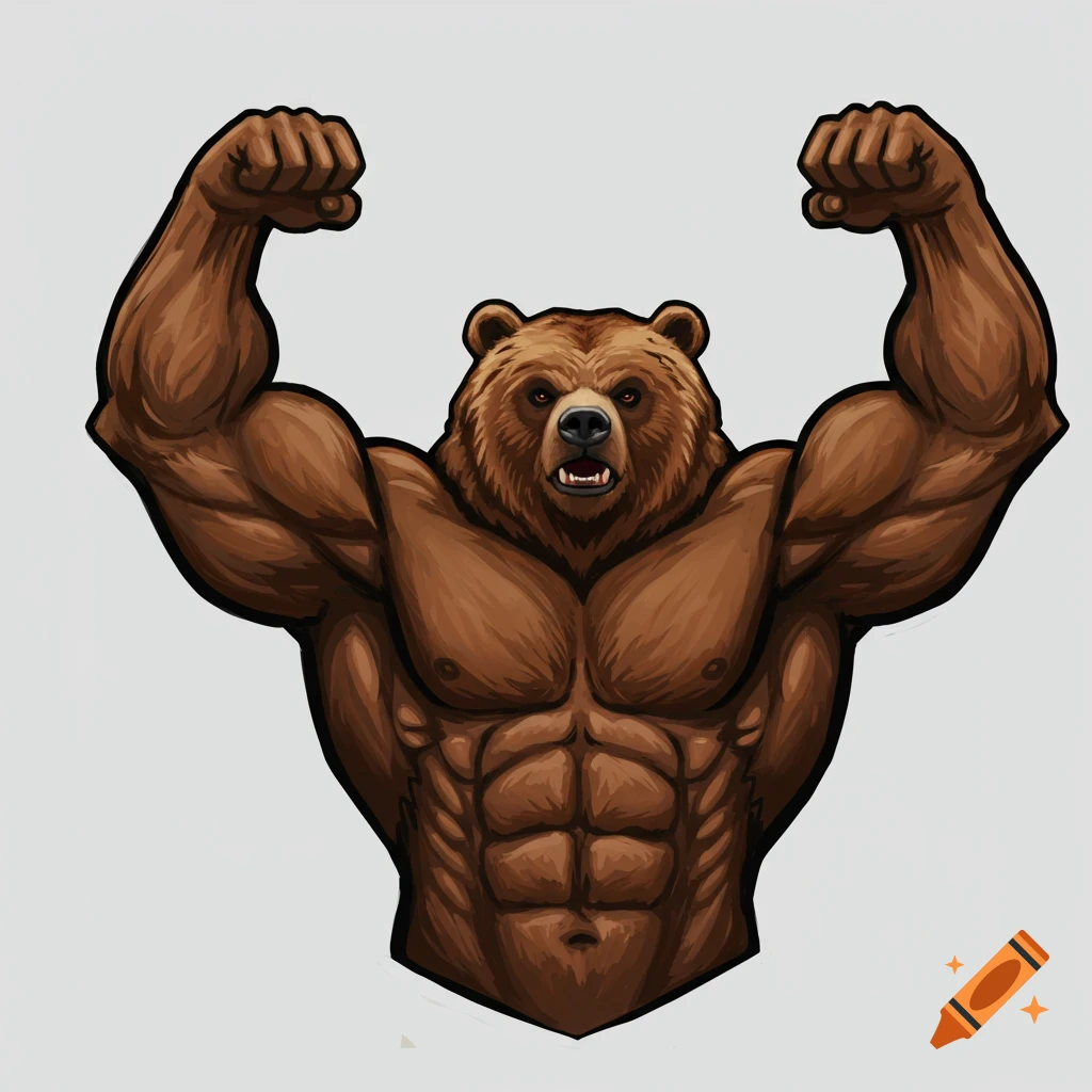 A graphic illustration of a muscular grizzly bear flexing its arms overhead.