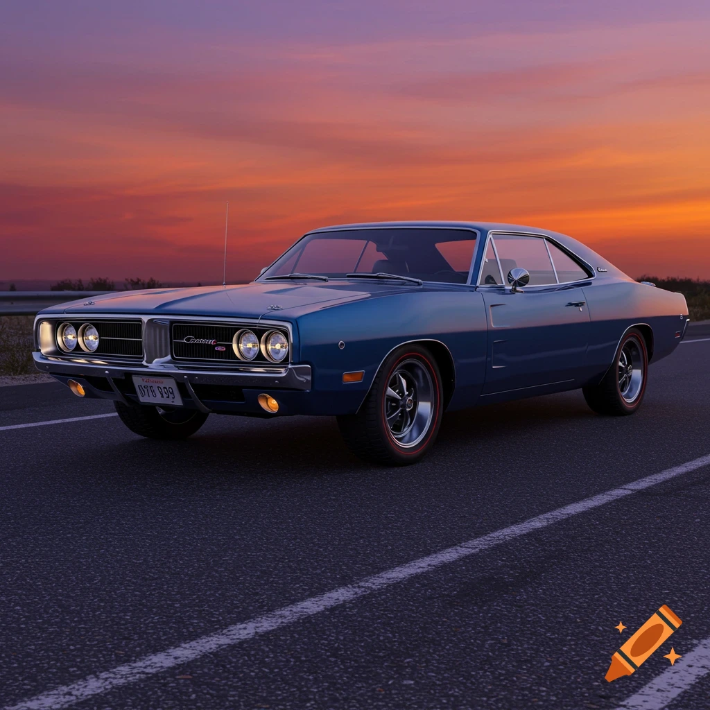 Blue 1970 Dodge Charger driving on a road at sunset.