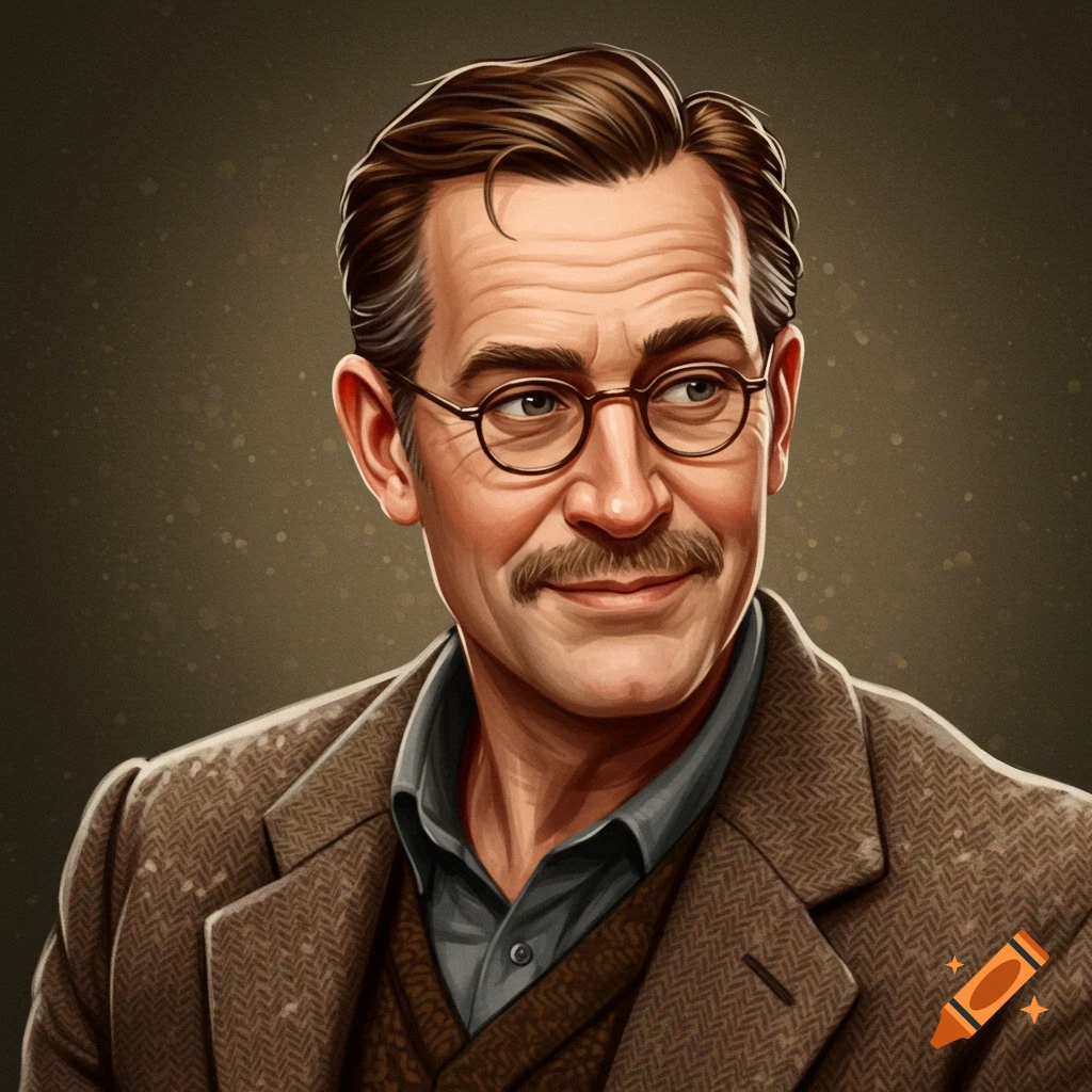 Portrait of a man with a mustache and glasses wearing tweed.