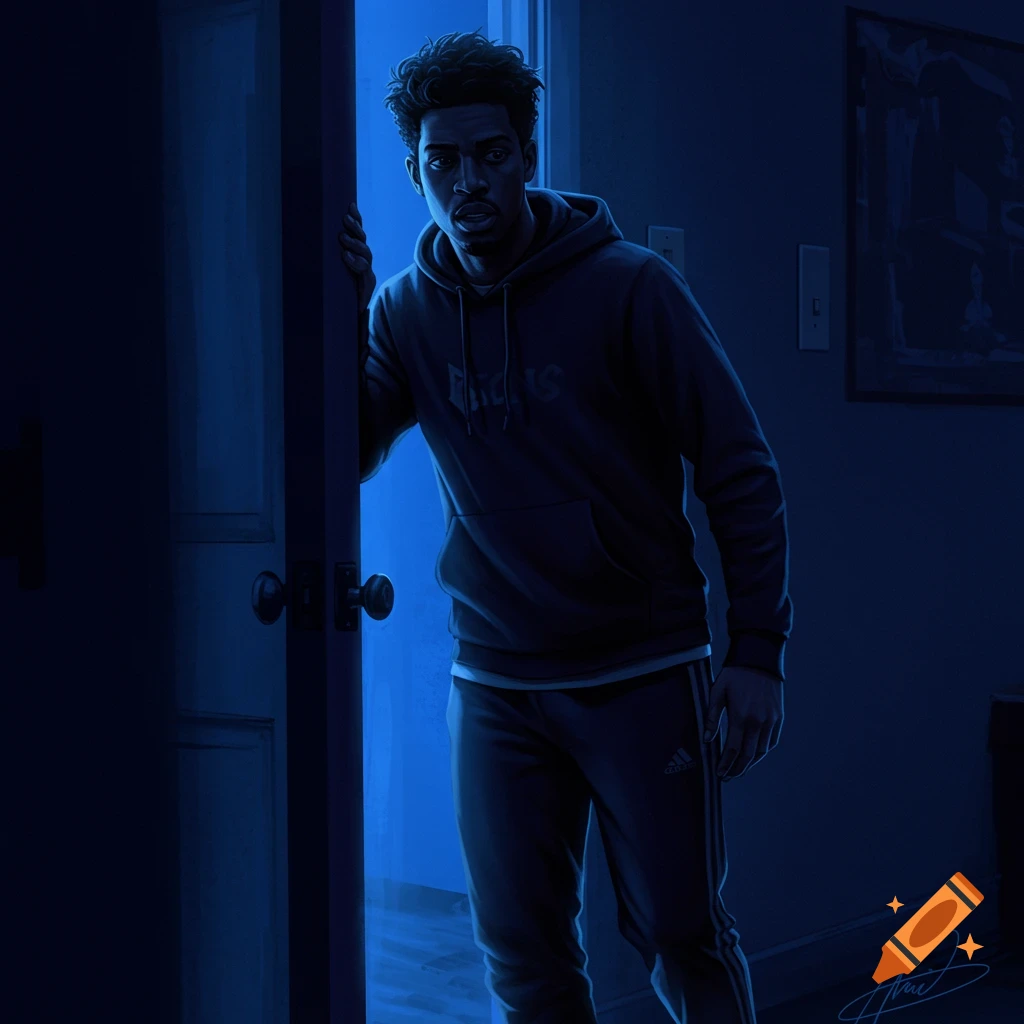 A young man with a surprised expression is opening a door in a dark room, which is lit by blue light.