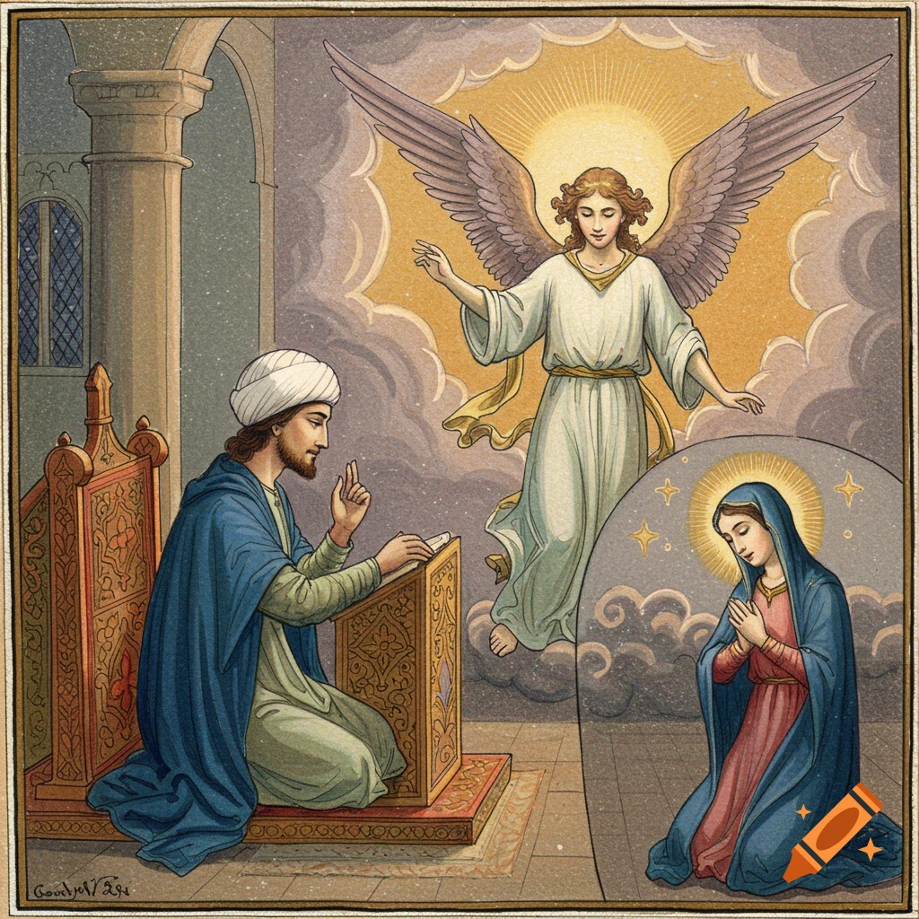 Illustration of religious figures including a man, an angel, and a woman kneeling.
