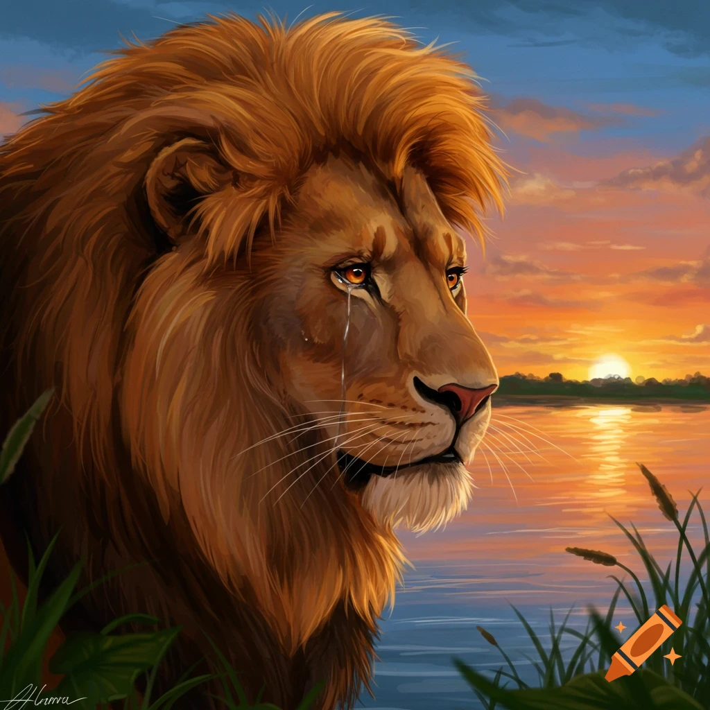 A lion crying by a lake at sunset.