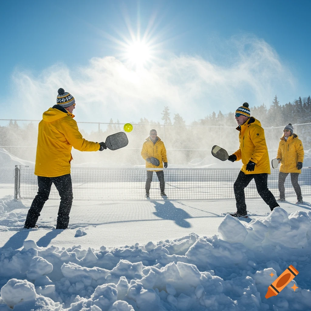 People in yellow jackets playing pickleball on a snowy outdoor court on a sunny day.