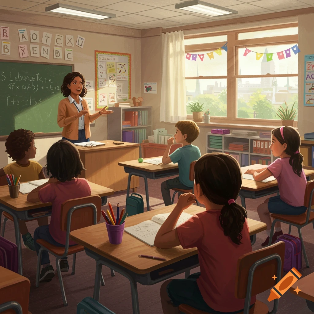 Illustrative painting of a teacher lecturing to students in a classroom.