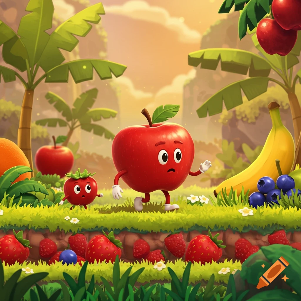 Cartoon apple and tomato characters walk in a jungle with fruits and plants in a video game style illustration.