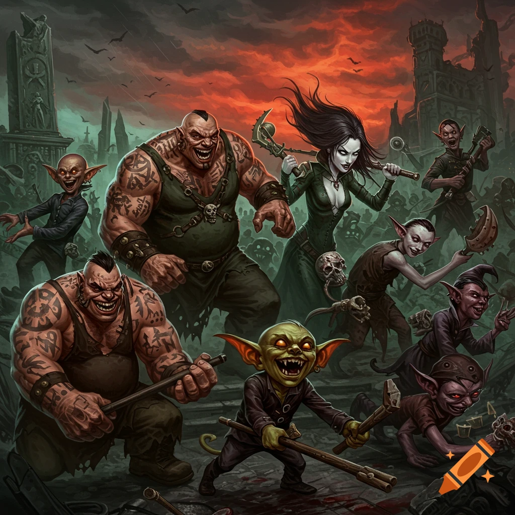 A motley crew of fantasy creatures including muscular figures, goblins, and a vampire in a dark, ruined landscape.