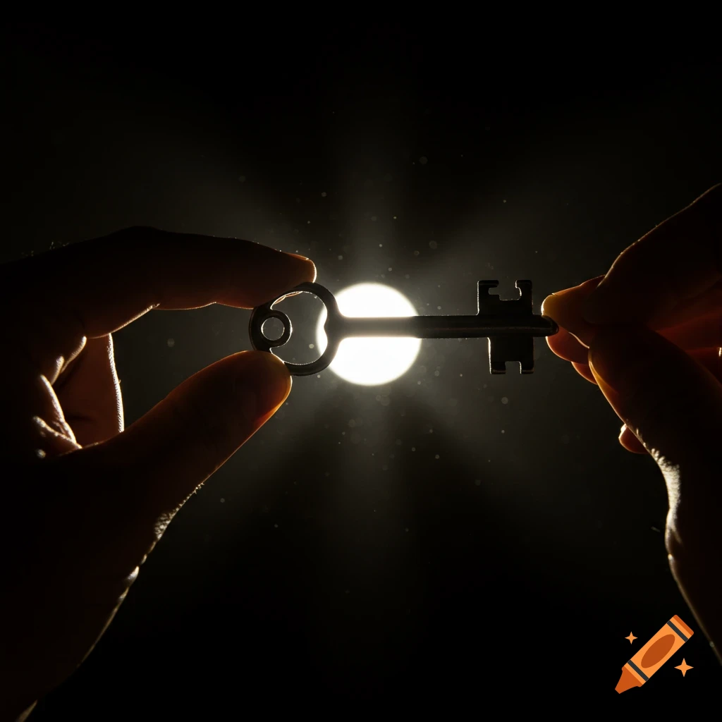 Silhouetted hands hold a key against bright light rays.