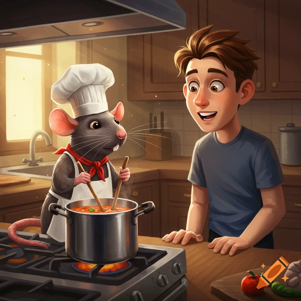 A rat in a chef hat cooking with a boy in a kitchen