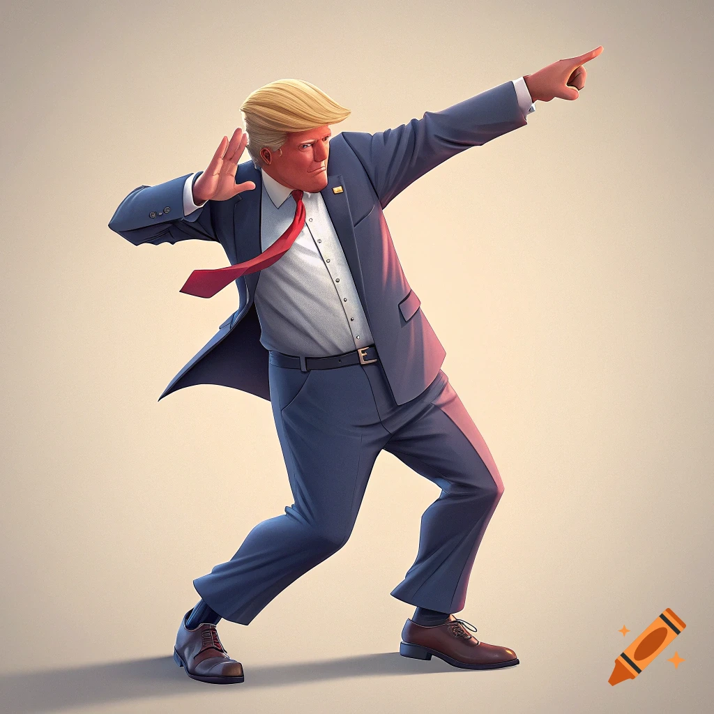 Stylized render of Donald Trump in a suit doing a dance pose, pointing.