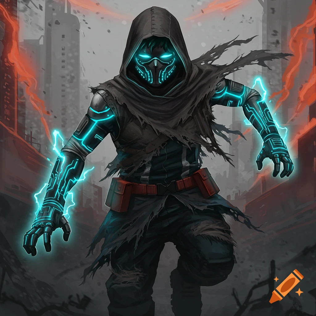 A hooded figure with a glowing blue mask and glowing blue circuit patterns on their arms stands in a ruined city.