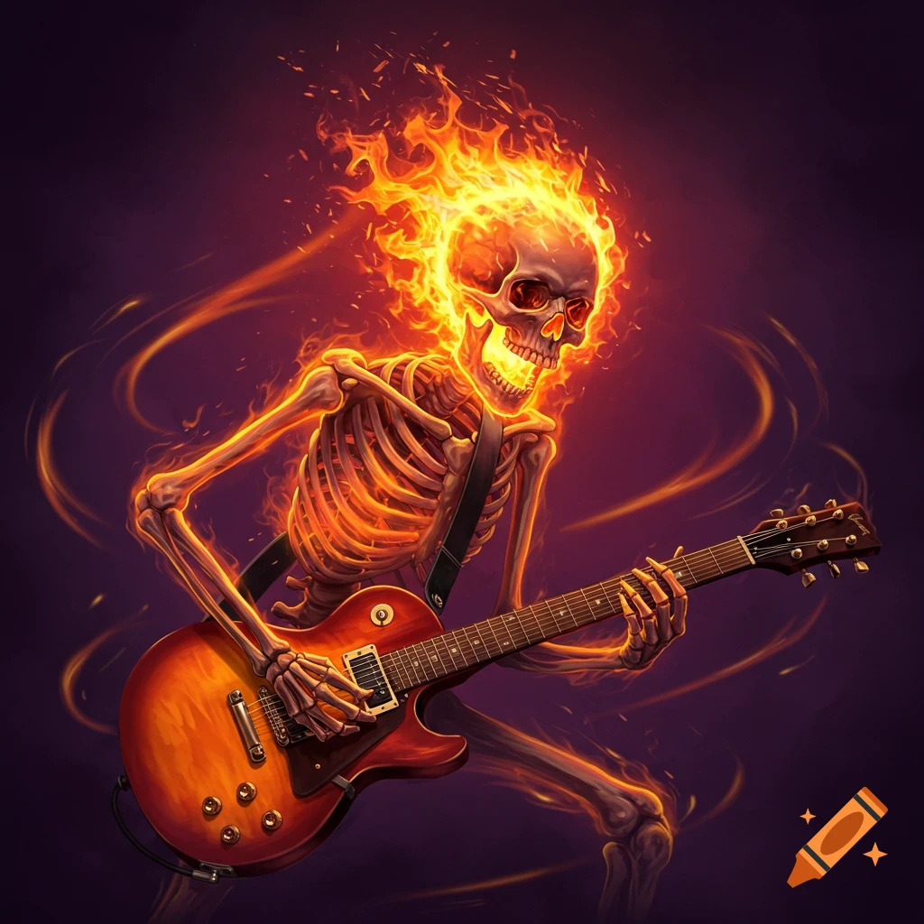 A flaming skeleton plays an electric guitar.
