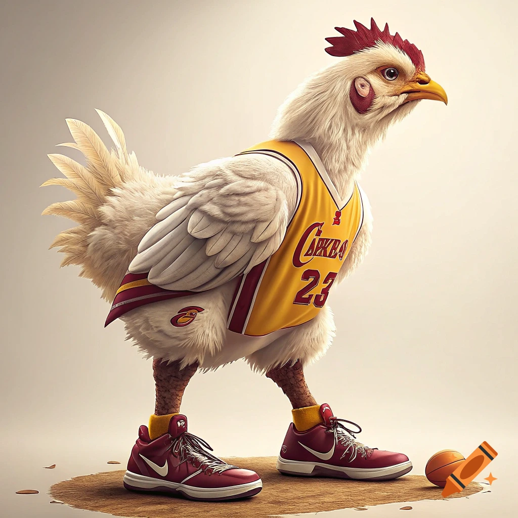 A chicken wearing a yellow and maroon basketball jersey with the number 23 and red basketball shoes stands next to a ball.