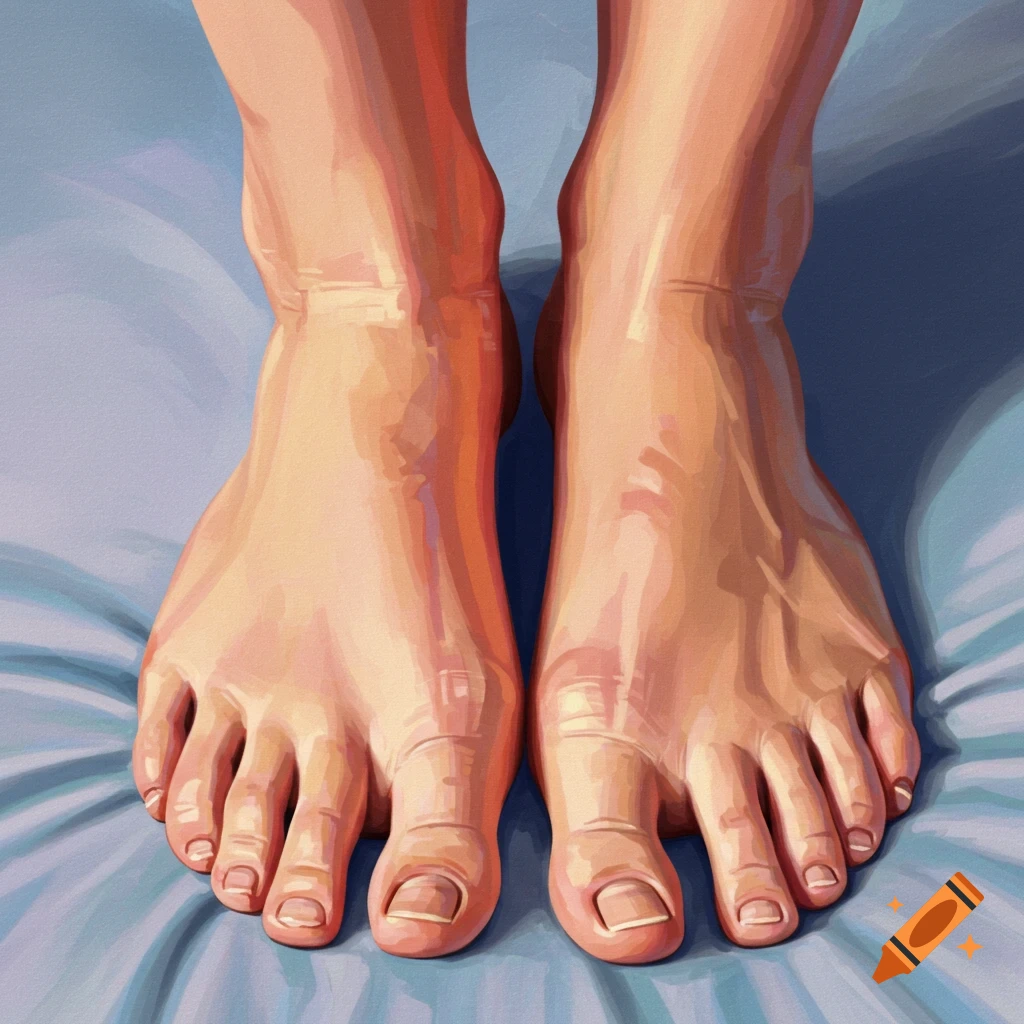 Two bare feet on a blue surface.