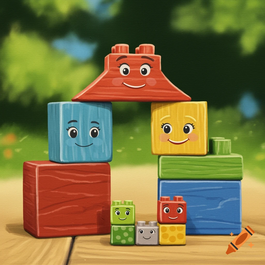 Colorful toy building blocks with faces arranged like a house, in a whimsical painting style.