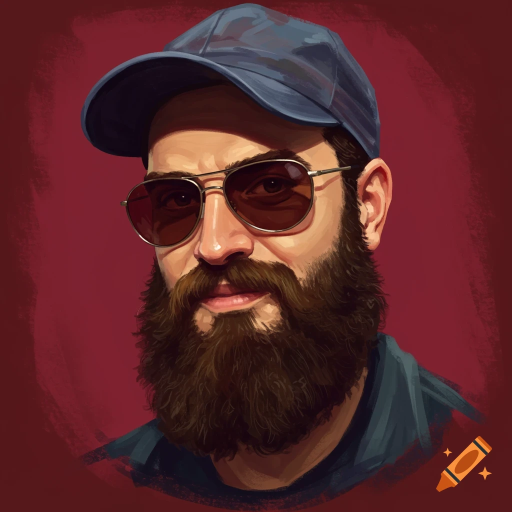 Portrait of a man with beard, sunglasses, and cap.