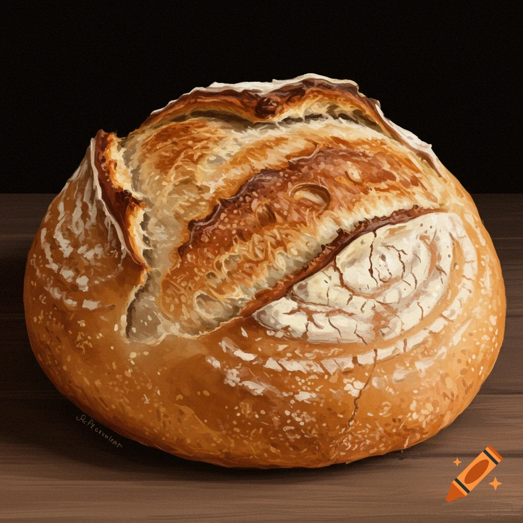 A loaf of rustic bread rests on a wooden table.