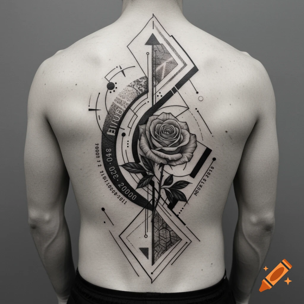 Large black and grey geometric tattoo with a rose on a man's back.