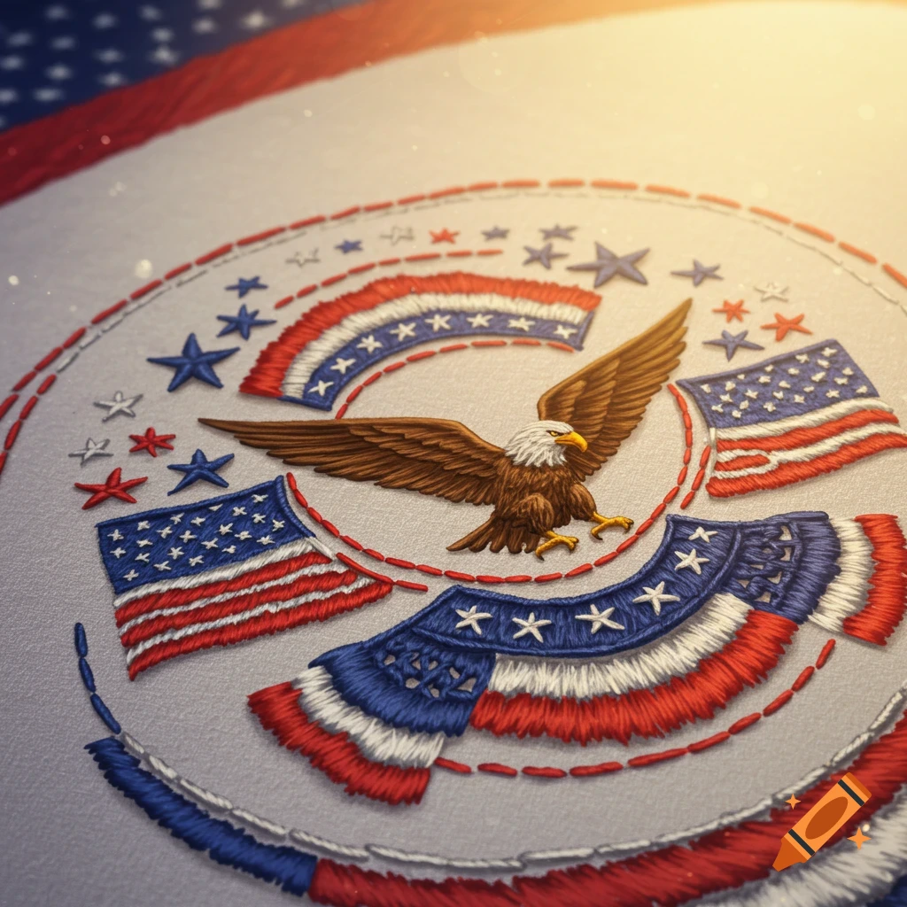 Patriotic embroidery design with an eagle, flags, and stars.