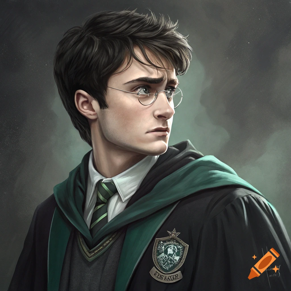 Portrait of a young man resembling Harry Potter in wizard robes.