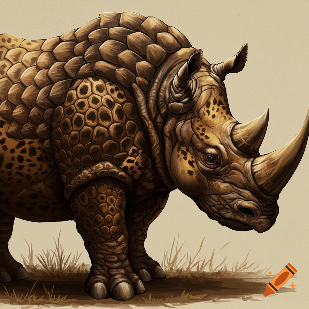 A rhinoceros with pangolin-like armor and cheetah spots standing in grass