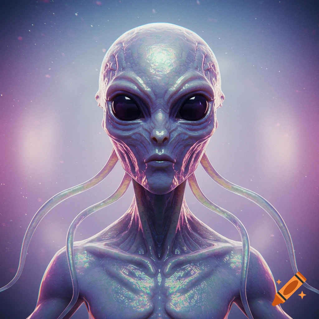 Close-up of a grey alien with large eyes against a purple space background.