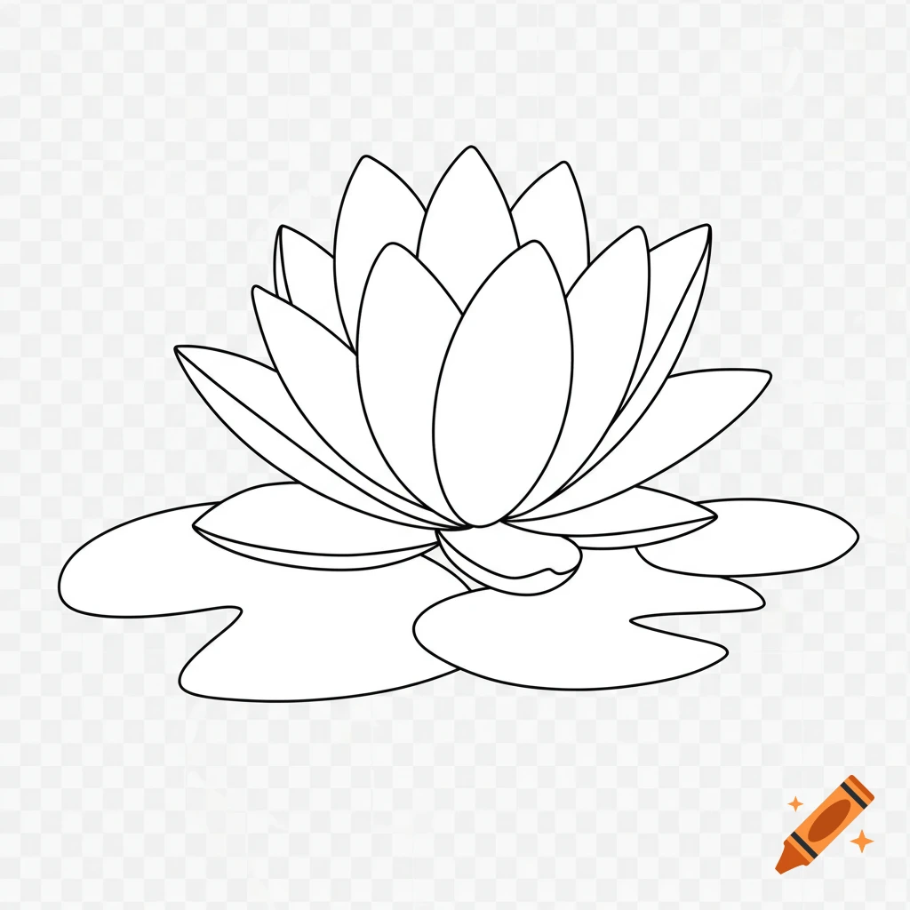 Simple black and white line drawing of a lotus flower and lily pads