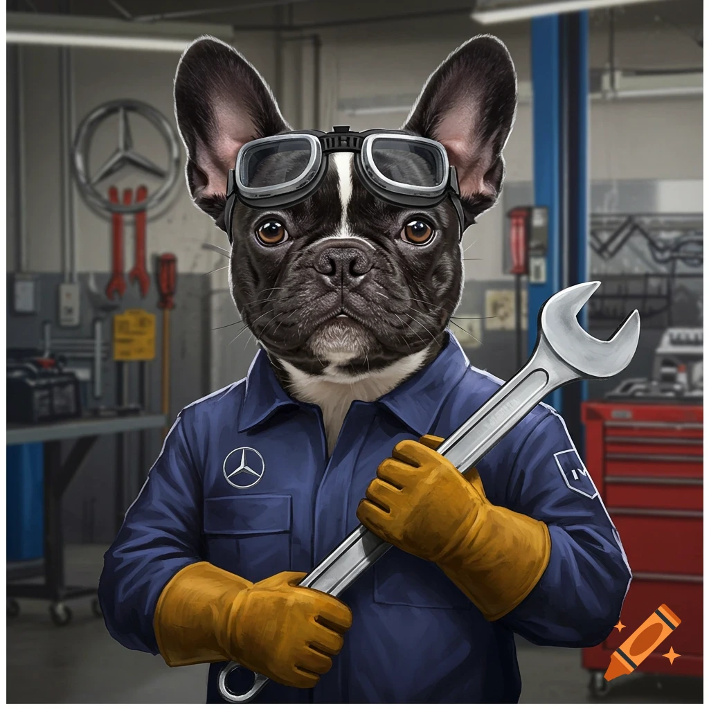 A French bulldog in a mechanic uniform and goggles holds a wrench in a garage.