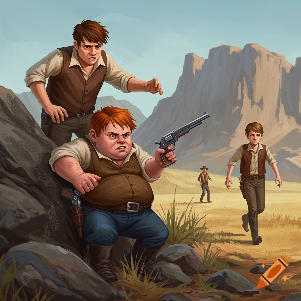 Men and a boy in a western landscape. A stout man with a pistol crouches behind rocks.