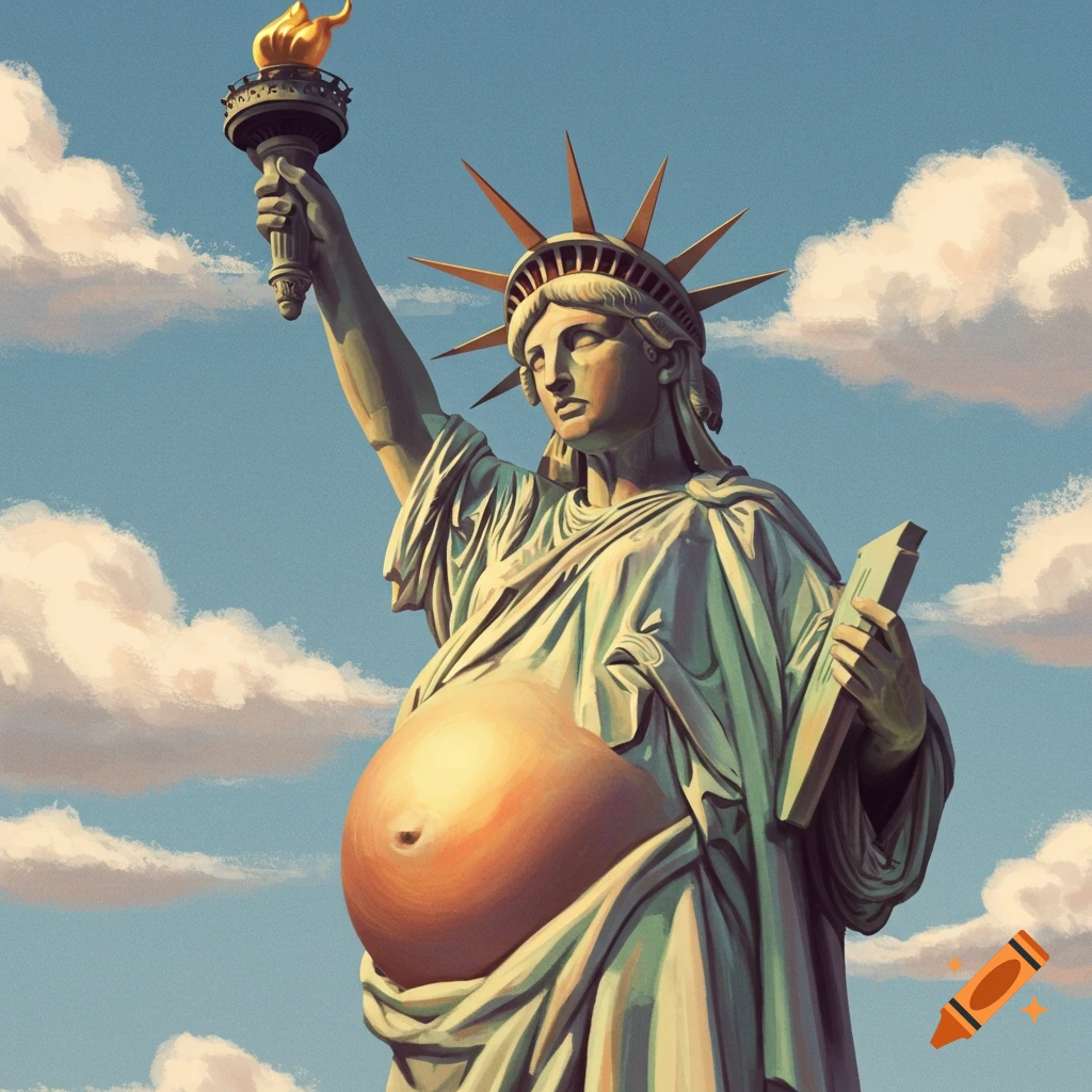 The Statue of Liberty is depicted as pregnant against a cloudy sky.
