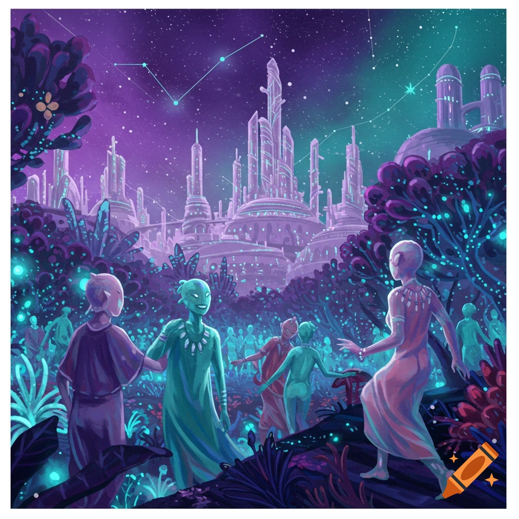 Vibrant scene of aliens in a futuristic city and glowing forest under a starry sky.