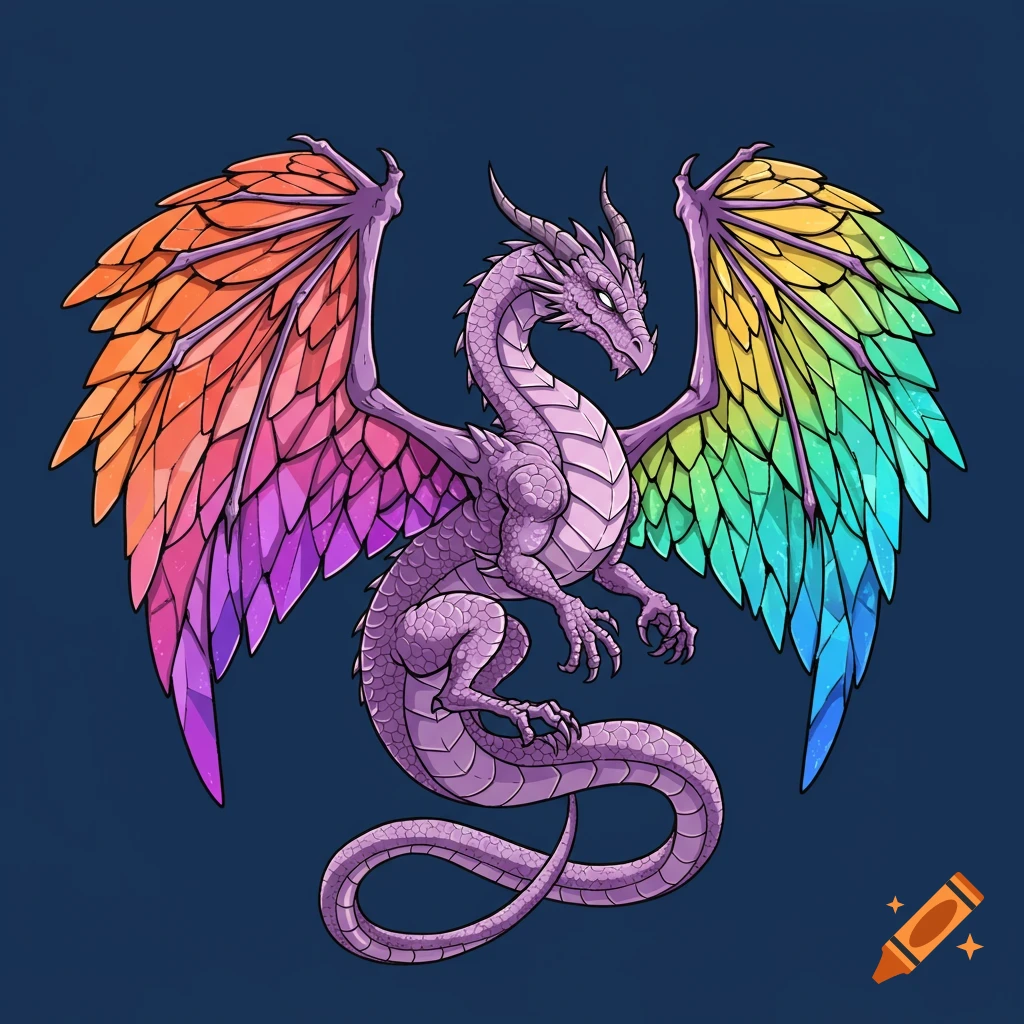 A vector graphic illustration of a purple dragon with large, multi-colored rainbow wings against a dark blue background.