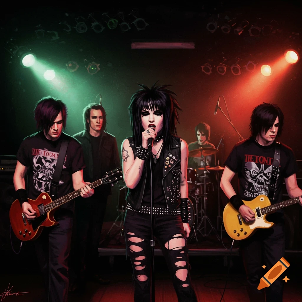 An emo band with a female singer performs on stage under red and green lights.