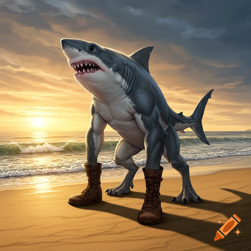 A large grey shark creature with muscular legs and brown boots stands on a beach at sunset.