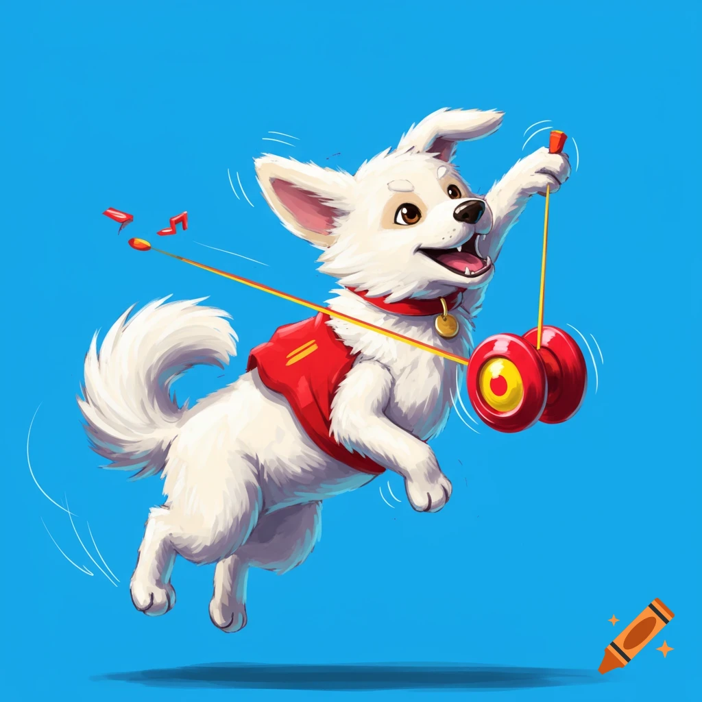A cartoon white dog wearing a red vest jumps while playing with a red yoyo against a blue background.