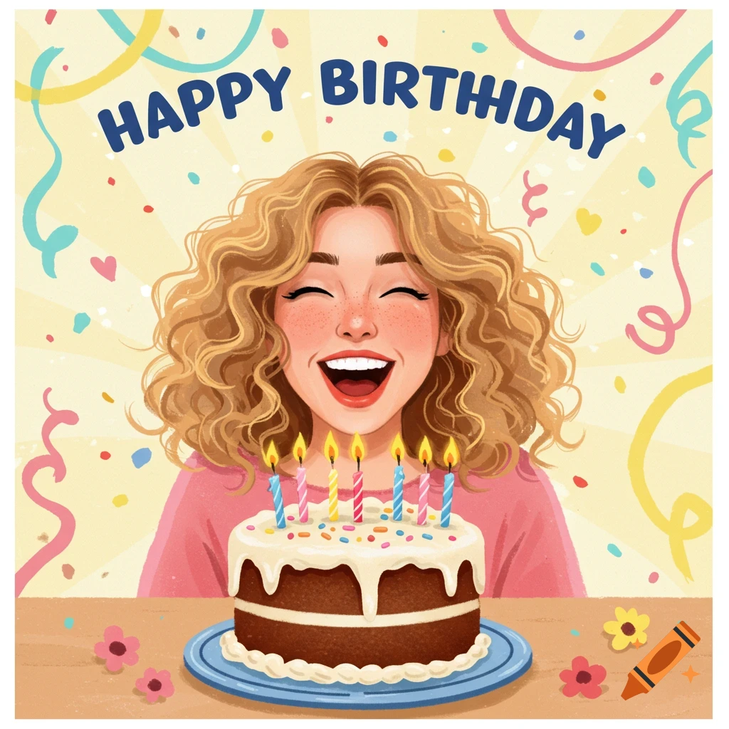 A person is smiling behind a birthday cake with lit candles. The text 'Happy Birthday' appears above the cake.