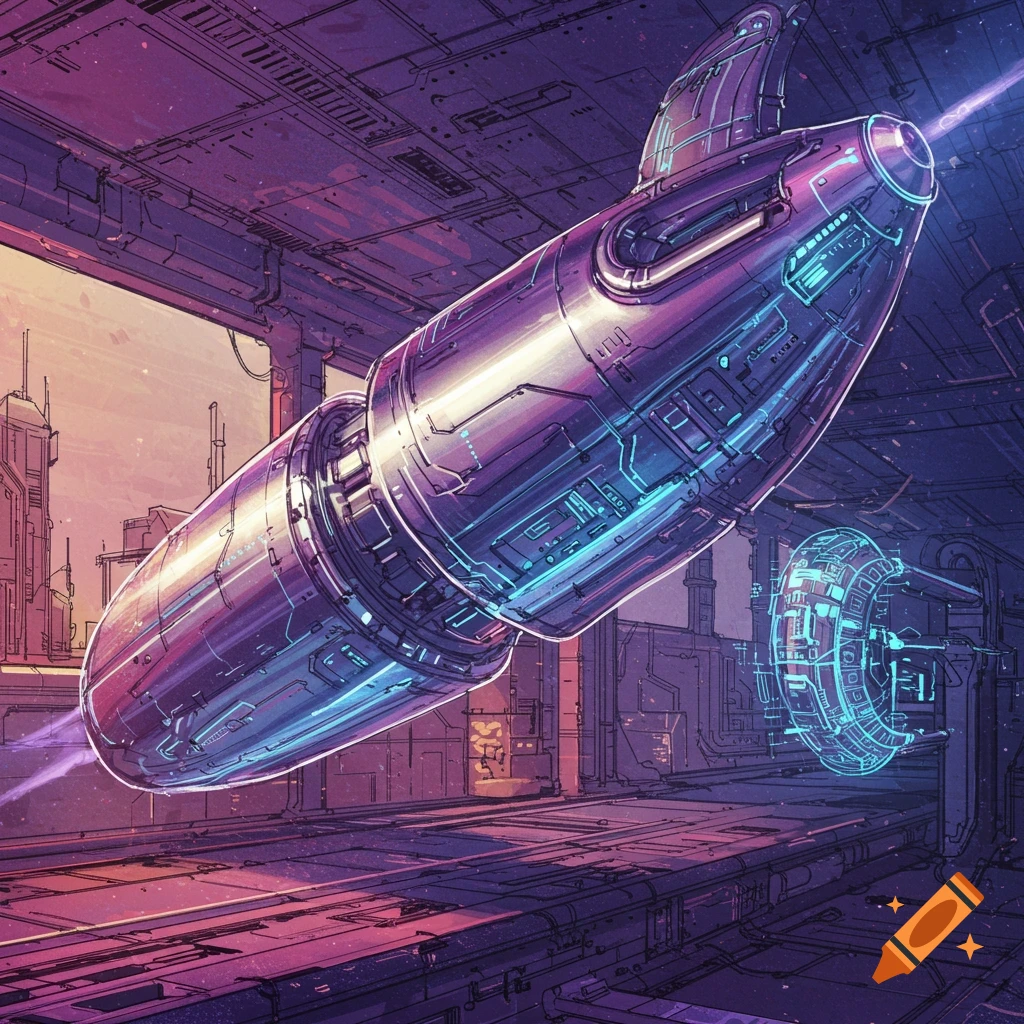 A futuristic metallic object with glowing circuits is in a purple-toned sci-fi hangar.