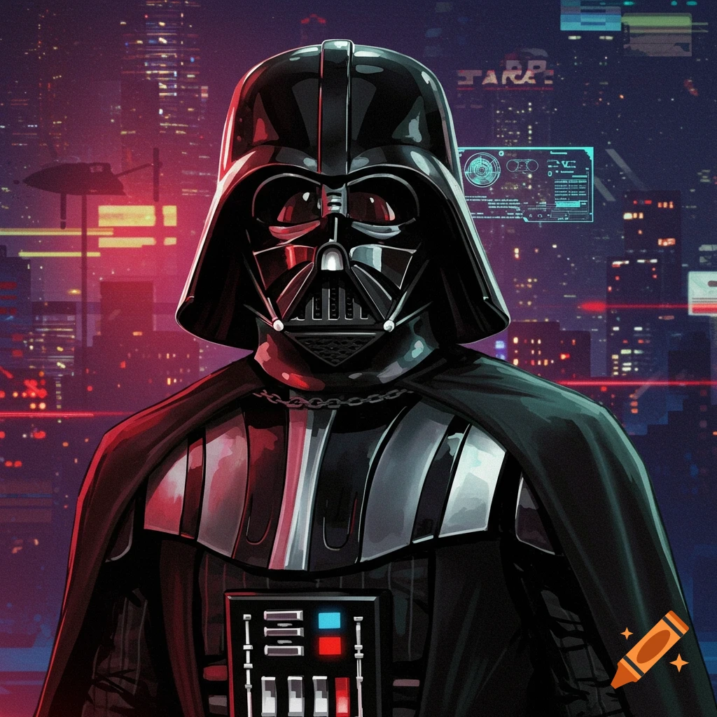 Darth Vader stands in a cyberpunk city.