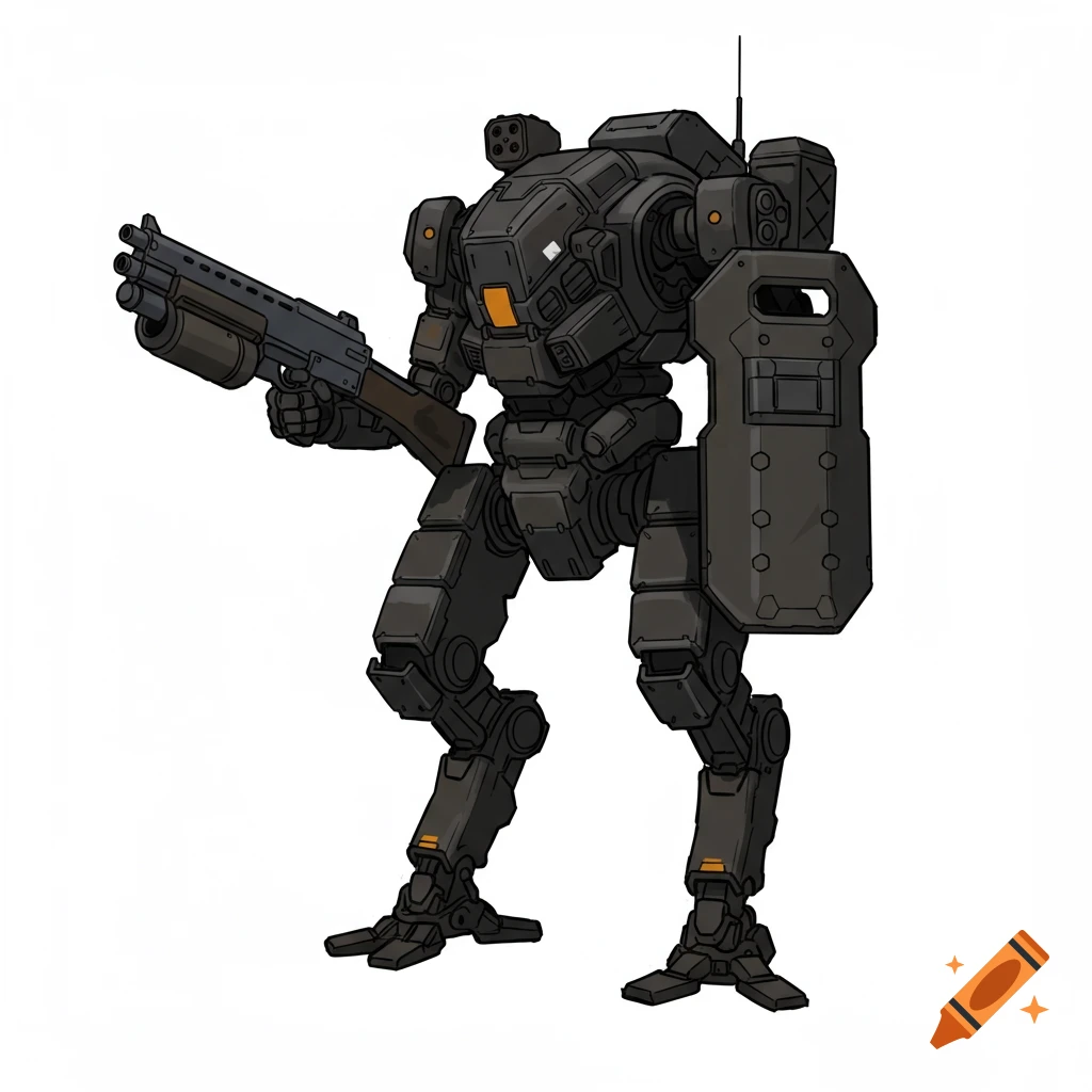 Dark gray mech holding a shotgun and shield on a white background.