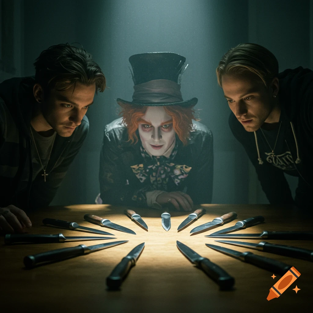 Three people, one resembling the Mad Hatter, look at knives arranged on a table in a dark, cinematic style.