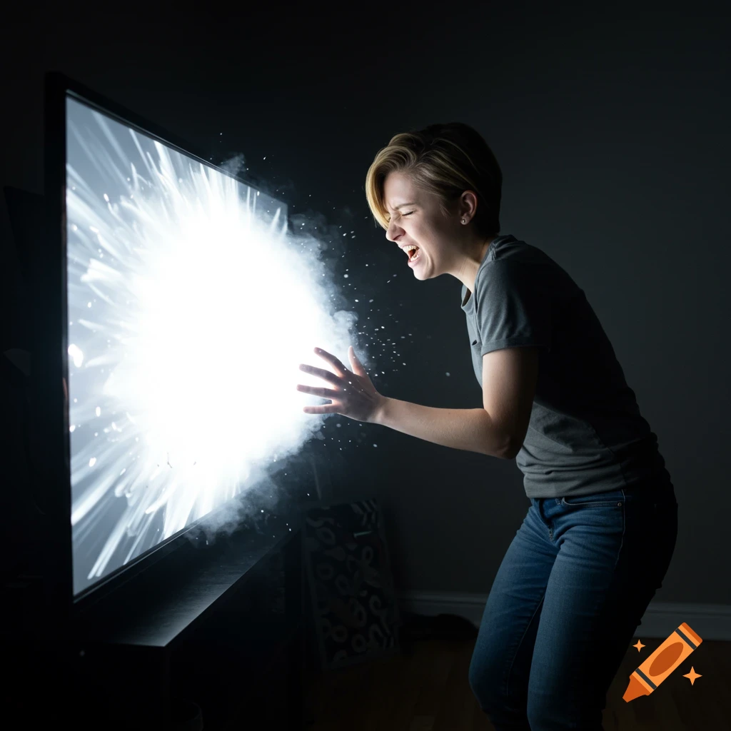 A young person reacts strongly to a bright flash from a TV screen.