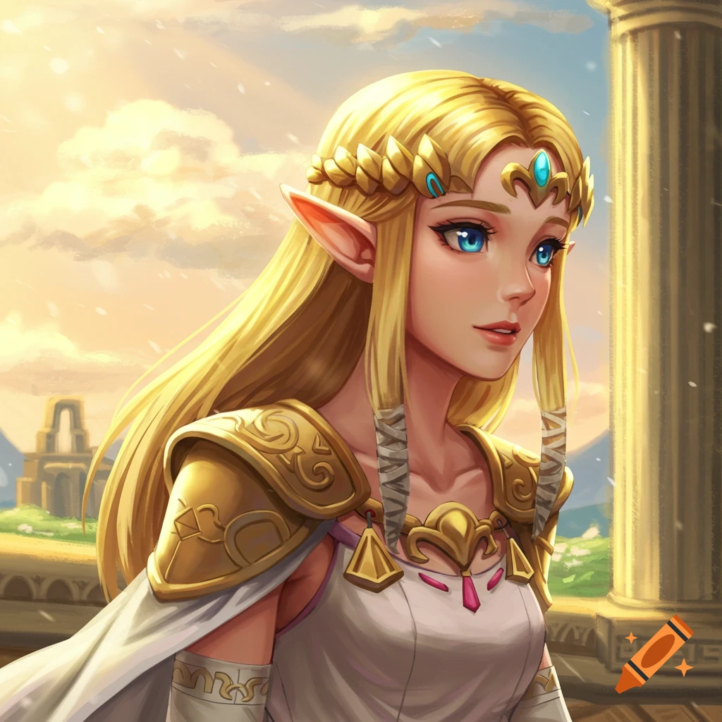 Princess Zelda in a fantasy setting with ruins at sunset
