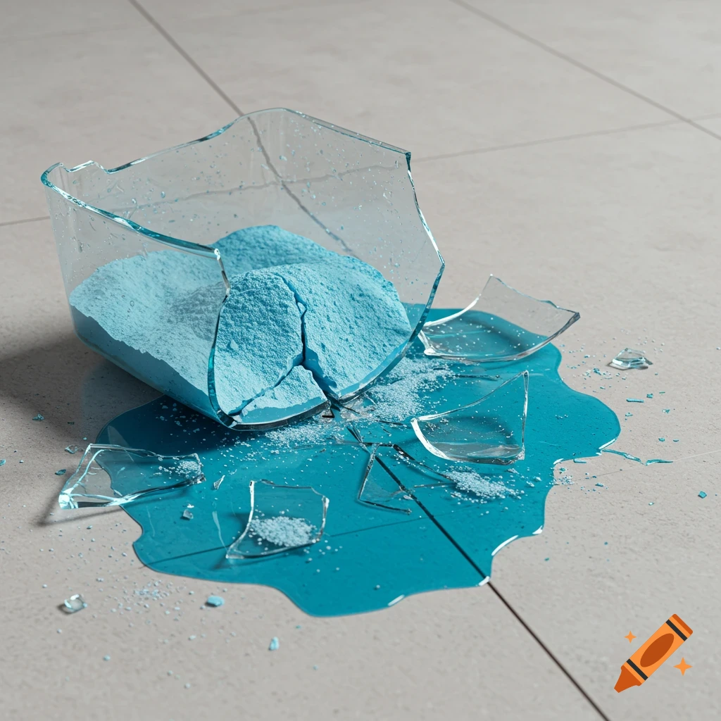 Photorealistic image of a broken glass container spilling blue powder and liquid onto a tiled floor.