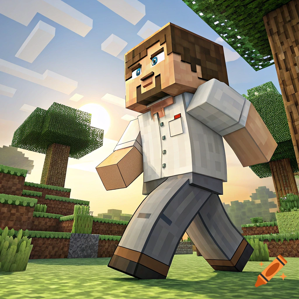 A blocky character resembling Steve from Minecraft, possibly Jack Black, walks through a blocky landscape at sunset.