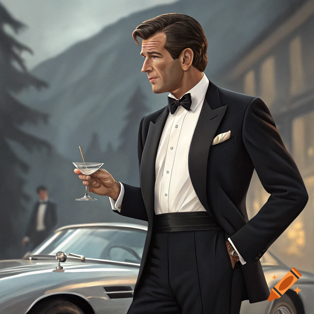 Man in a tuxedo holding a martini next to a classic car in a scenic setting, painting style.