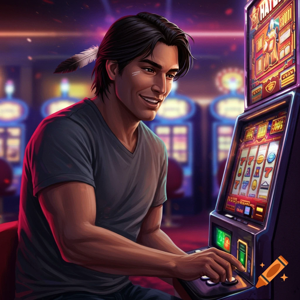 A Native American man playing a slot machine in a casino.