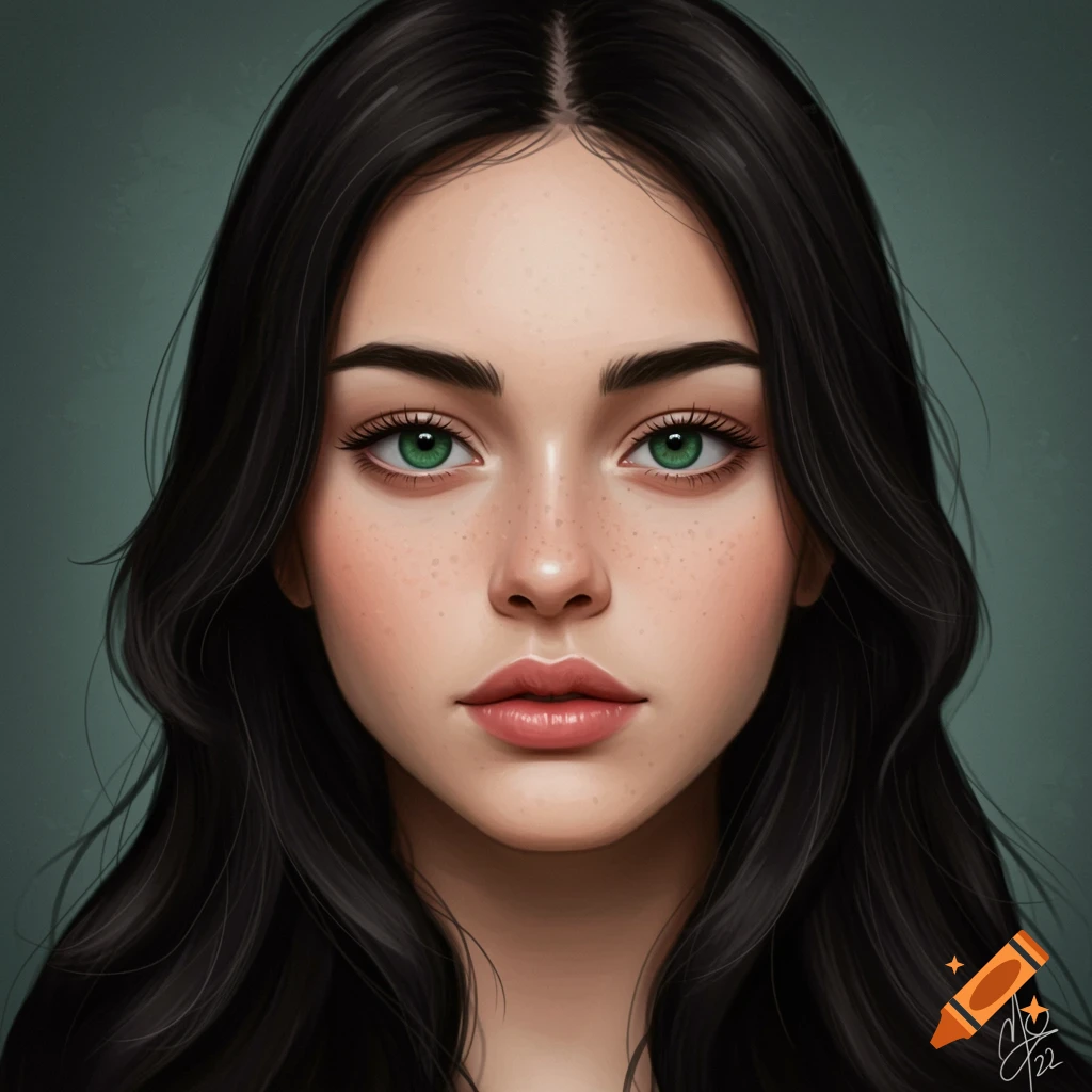 Portrait of a woman with black hair, green eyes, and freckles.