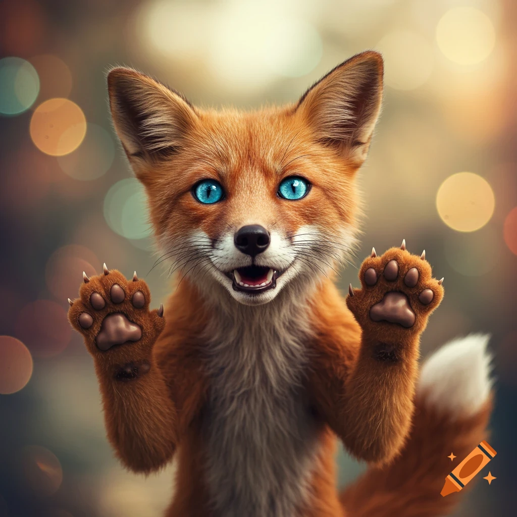 Cute fox creature with big blue eyes raising paws, bokeh background.
