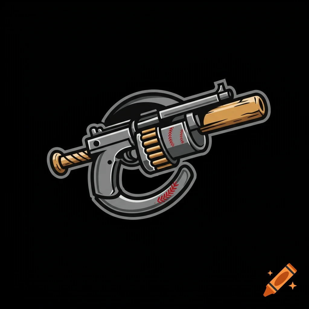 Stylized logo of a baseball bat combined with a gun